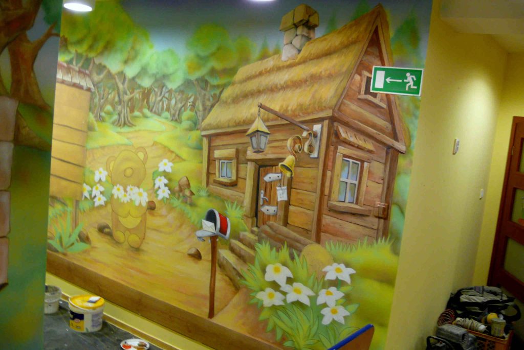 Bajkowy mural 3D namalowany na scianie