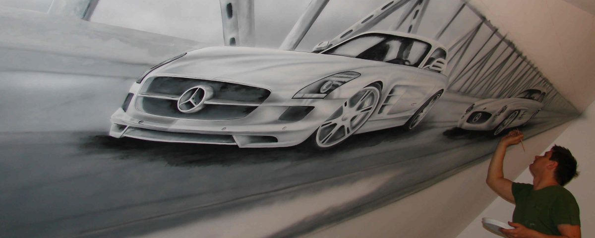 malowanie samochodów na ścianie, mural mercedes
