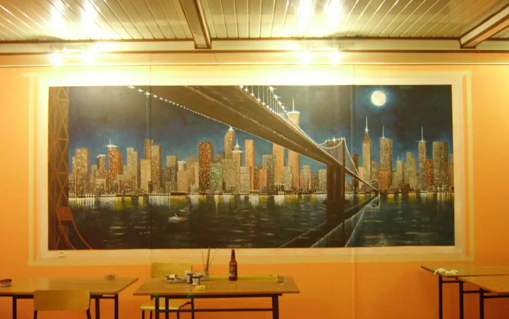 Mural malowanie baru, motyw Nowy York nocą
