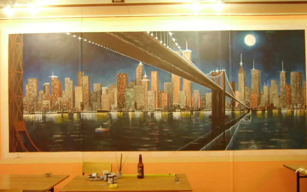Mural malowanie baru, motyw Nowy York nocą