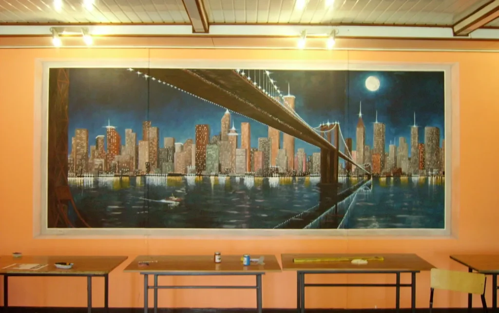 Mural malowanie baru, motyw Nowy York nocą