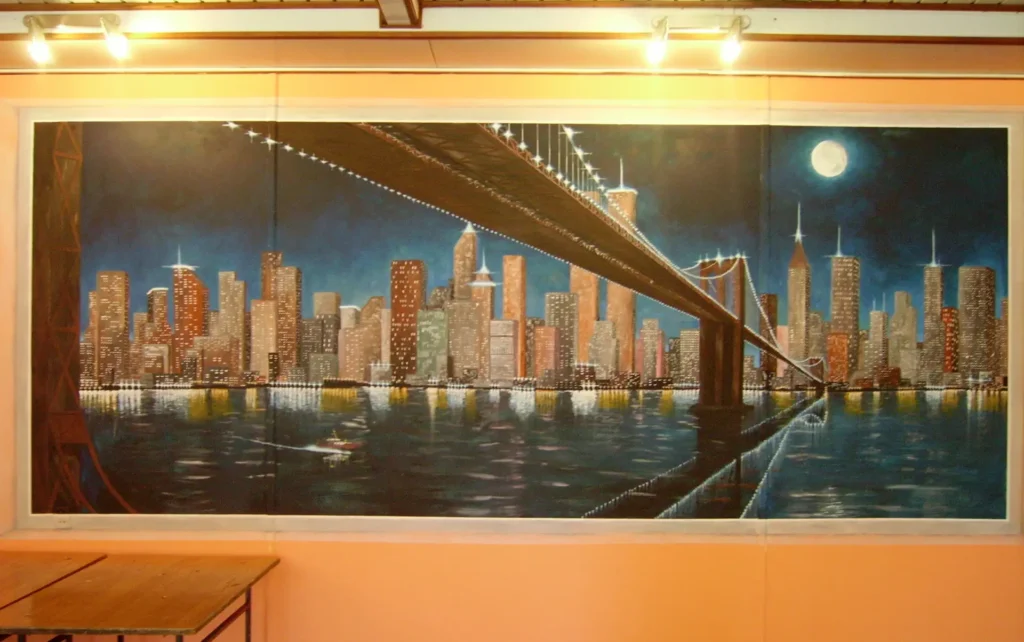 Mural malowanie baru, motyw Nowy York nocą