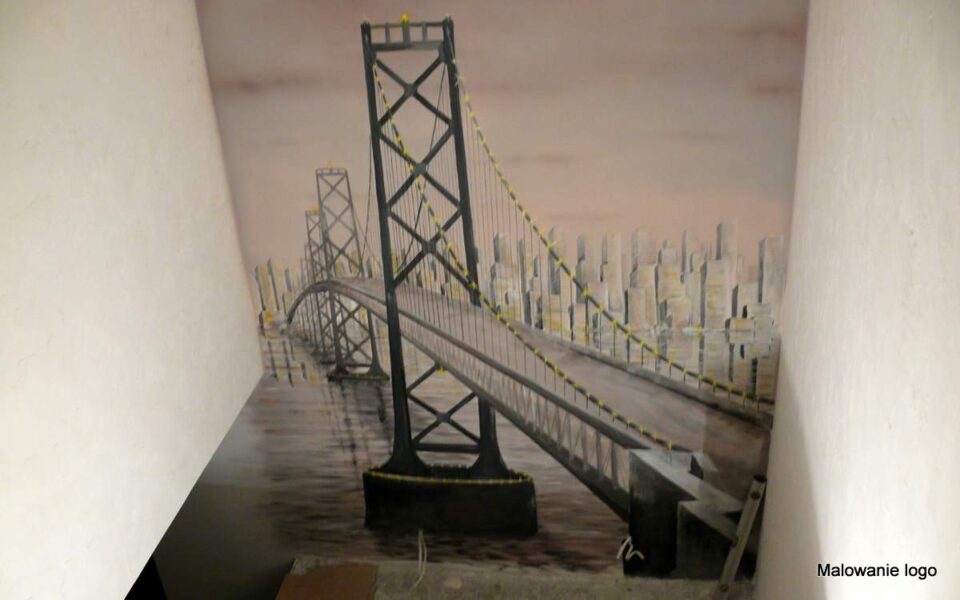 Mural malowanie ściany na pół piętrze, Czarno biały mural