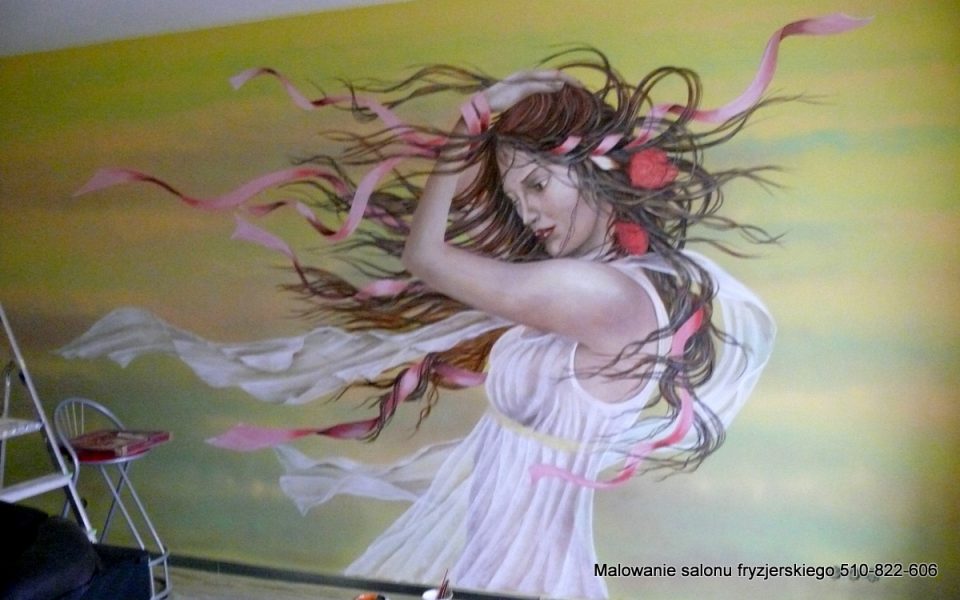 malowanie slony fryzjerskiego, grafika kobiety z rozwianymi włosami