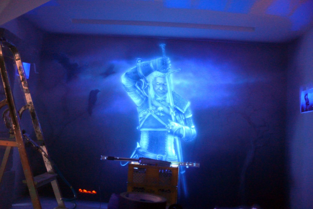 Malowanie obrazu w ultrafiolecie, mural ścienny wiedźmin