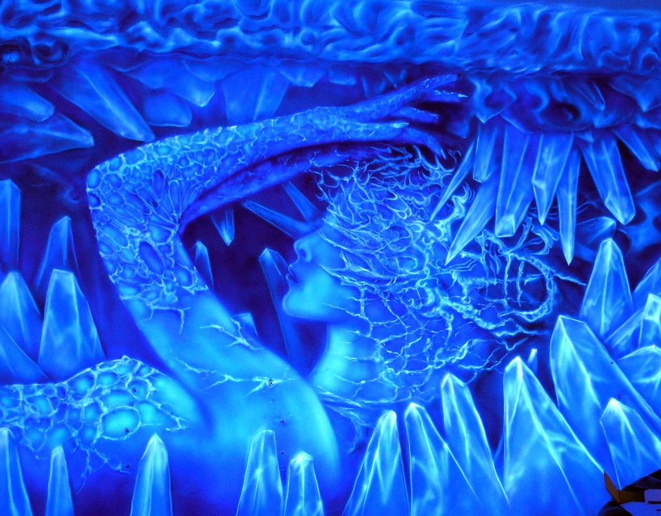 Abstrakcyjny obraz scianny widziany w ultrafiolecie, świecący obraz UV
