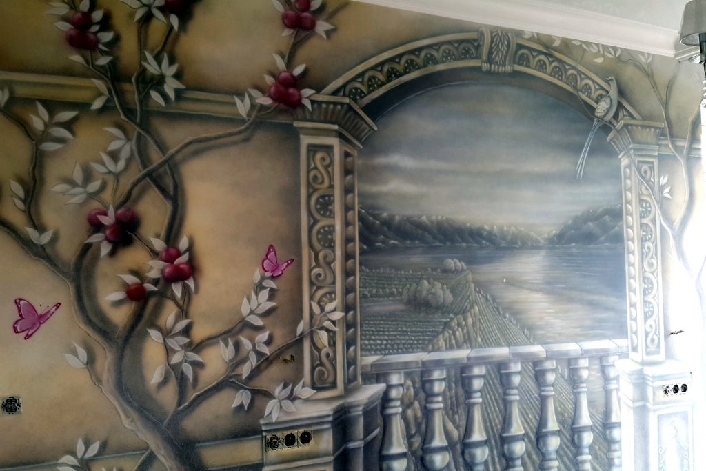 Obraz 3D w sypialni, Mural namalowany na ścianie w sypialni,