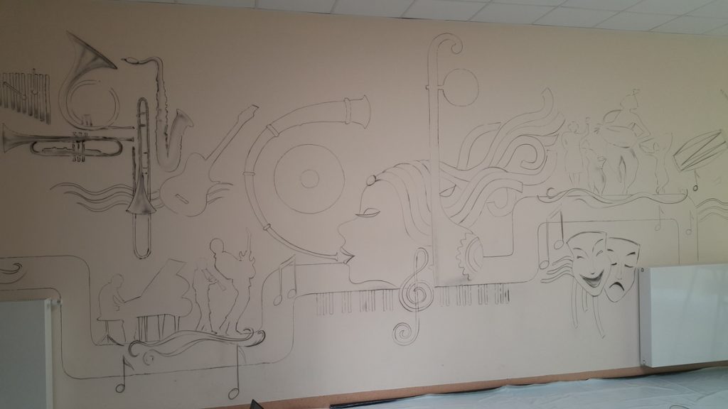 Muzyczny mural namalowany w klasie muzycznej szkoły podstawowej