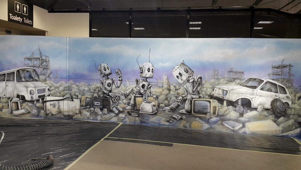 Malowanie muralu na invencie fantastyki, Taśmowe Nośniki Pamięci, projekt autorski Ariel Kula
