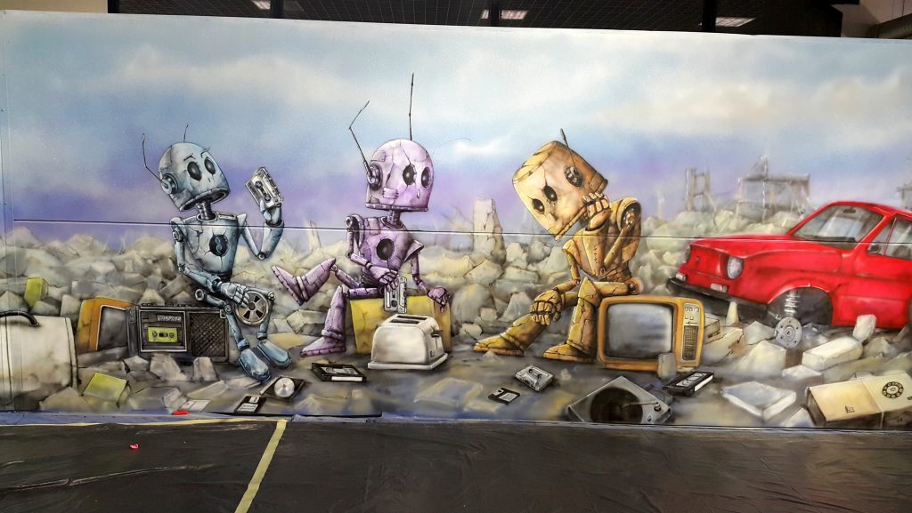Mural wykonany na festiwalu Fantastyki Comic Con, mural w klimacie postapo
