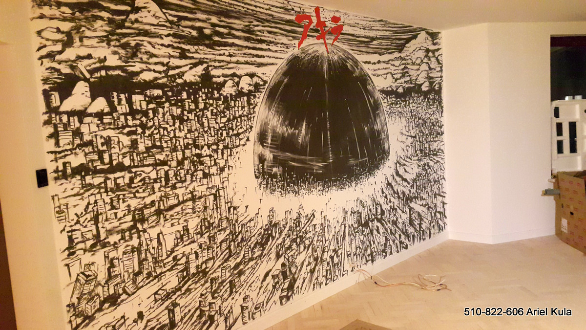 Akira, mural na ścianie w salonie, grafika czarno biała,
