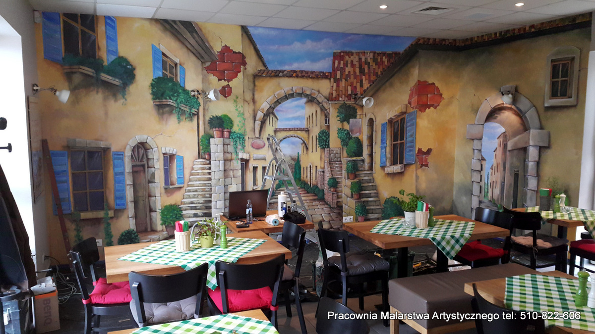 Artystyczne malowanie ścian w pizzerii, aranżacja pizzerii