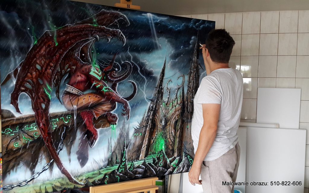 Malowanie dużego obrazu olejnego, postać Lilidana z gry Warcraft, duże obrazy olejne