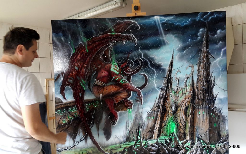 Malowanie dużego obrazu olejnego, postać Lilidana z gry Warcraft, duże obrazy olejne
