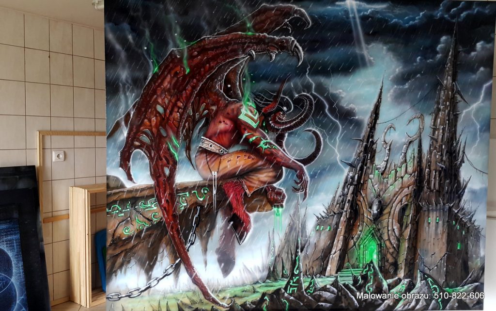 Malowanie dużego obrazu olejnego, postać Lilidana z gry Warcraft, duże obrazy olejne