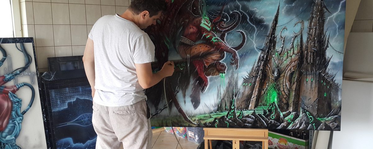 Malowanie dużego obrazu olejnego, postać Lilidana z gry Warcraft, duże obrazy olejne