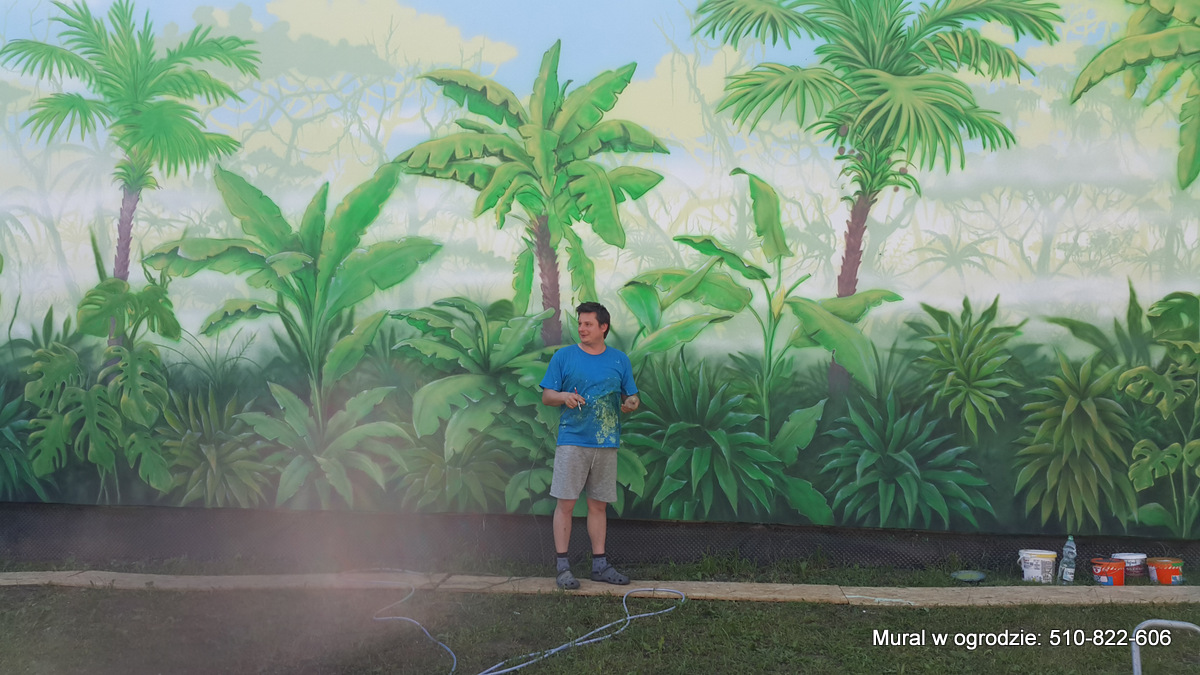 Malowanie dzungli na ścianie w ogrodzie, aranżacja ściany w ogrodzie