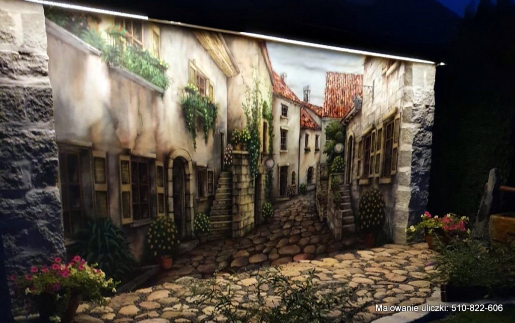 Podswietlone malowidło ścienne, mural w ogrodzie