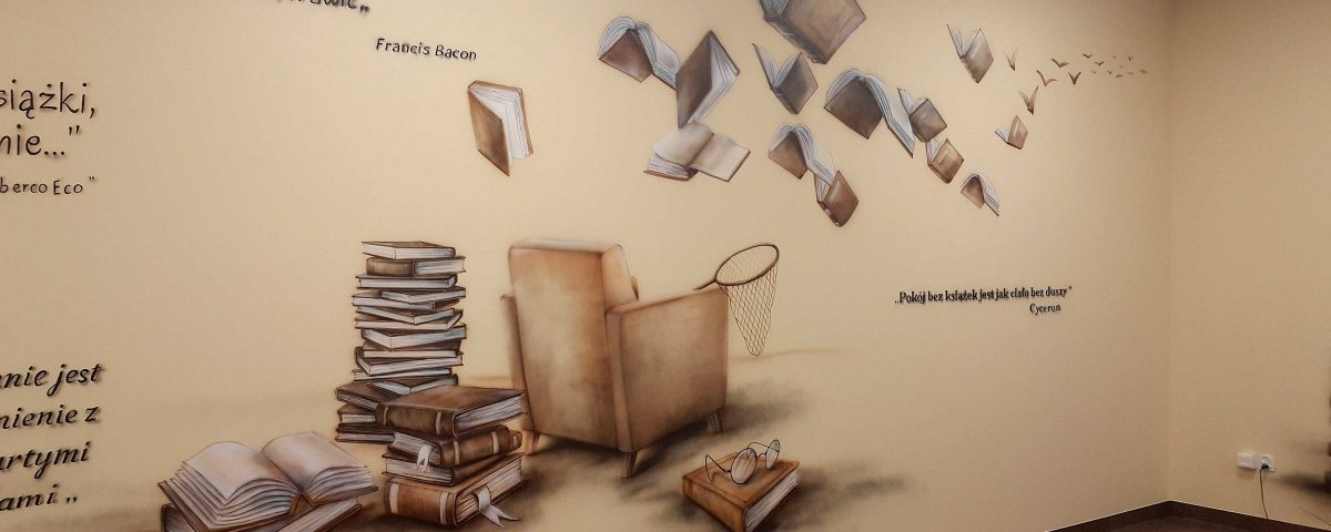 Malowanie surrealistycznego malowidła w sali polonistycznej, aranżacja klas i szkół, mural 3D w klasie