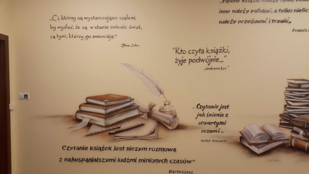 Mural promujący edukację malowanie sali polonistycznej, ciekawy pomysł na aranżację klasy polonistycznej