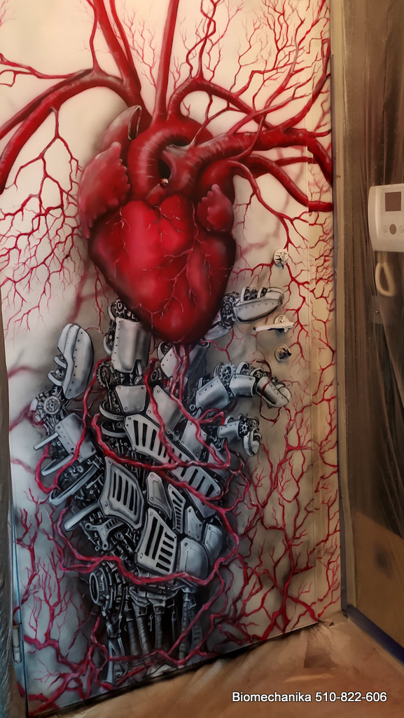 Mural o tematyce biomechanicznej, trans humanizm art