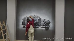 Malowanie starych zabytkowych aut na ścianach, mural 3D o tematyce motoryzacyjnej