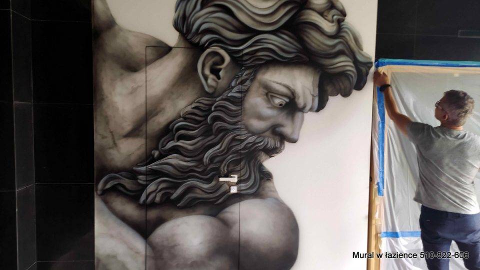 Malowanie ściany w łazience, ciekawy pomysł na aranzację łazienki, mural 3D w czarno białej kolorystyce