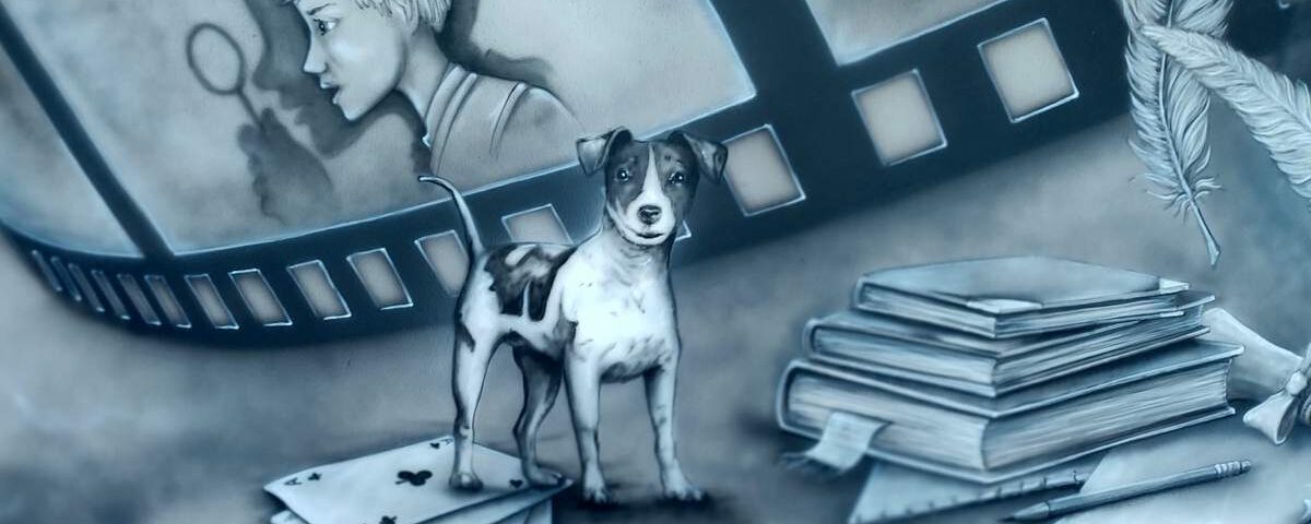 Czarno biały mural przedstawiający Kornela Makuszyńskiego, mural na szkolnym korytarzu