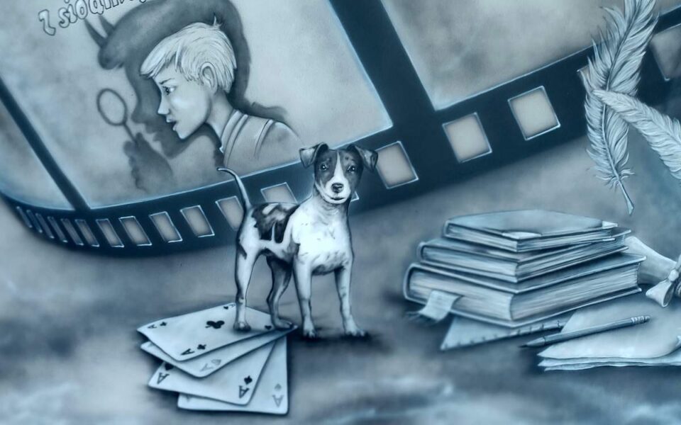 Czarno biały mural przedstawiający Kornela Makuszyńskiego, mural na szkolnym korytarzu