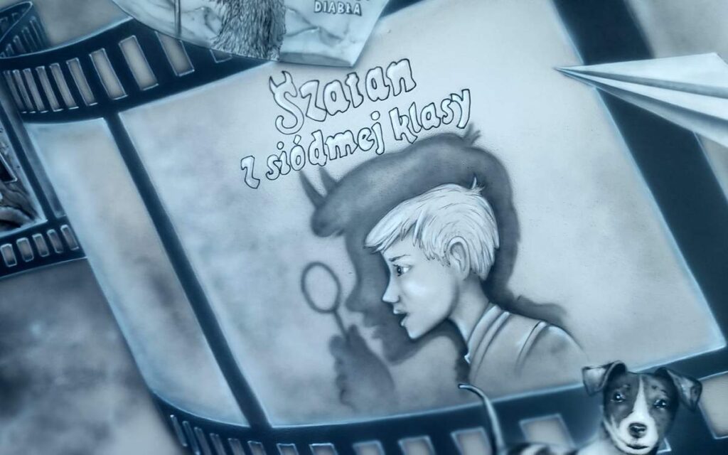 Mural na szkolnym korytarzu, malowanie patrona szkoły, Kornel Makuszyński i jego twórczość