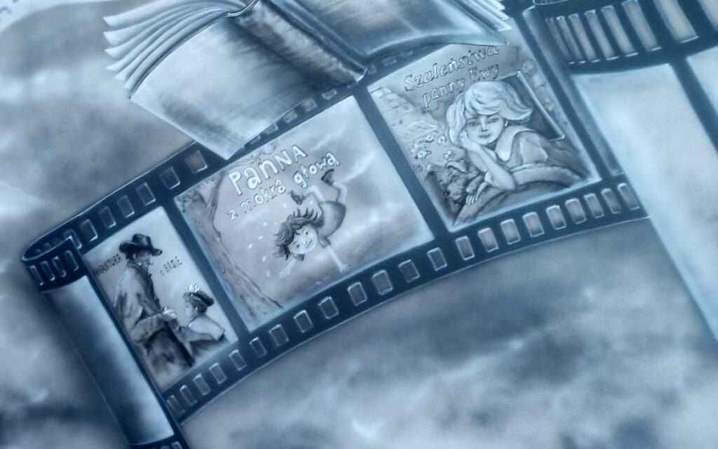 Mural na szkolnym korytarzu, malowanie patrona szkoły, Kornel Makuszyński i jego twórczość