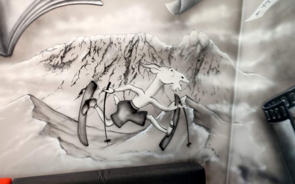 Mural na szkolnym korytarzu, malowanie patrona szkoły, Kornel Makuszyński i jego twórczość