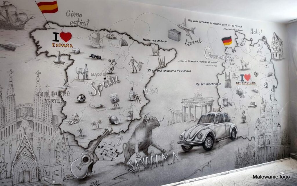Mural w sali językowej , mural promujący naukę języków obcych, sala hiszpańsko niemiecka