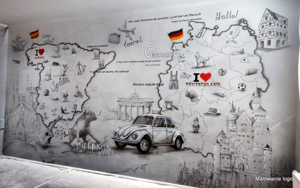 Mural namalowany w sali językowej, sala Hiszpańskiego i klasa języka Nienieckiego