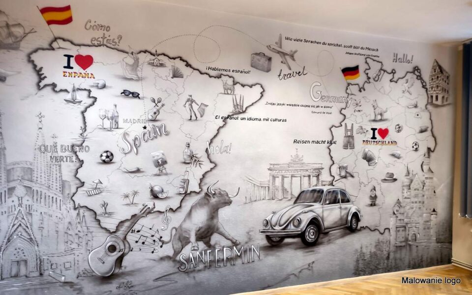 Mural namalowany w sali językowej, sala Hiszpańskiego i klasa języka Nienieckiego