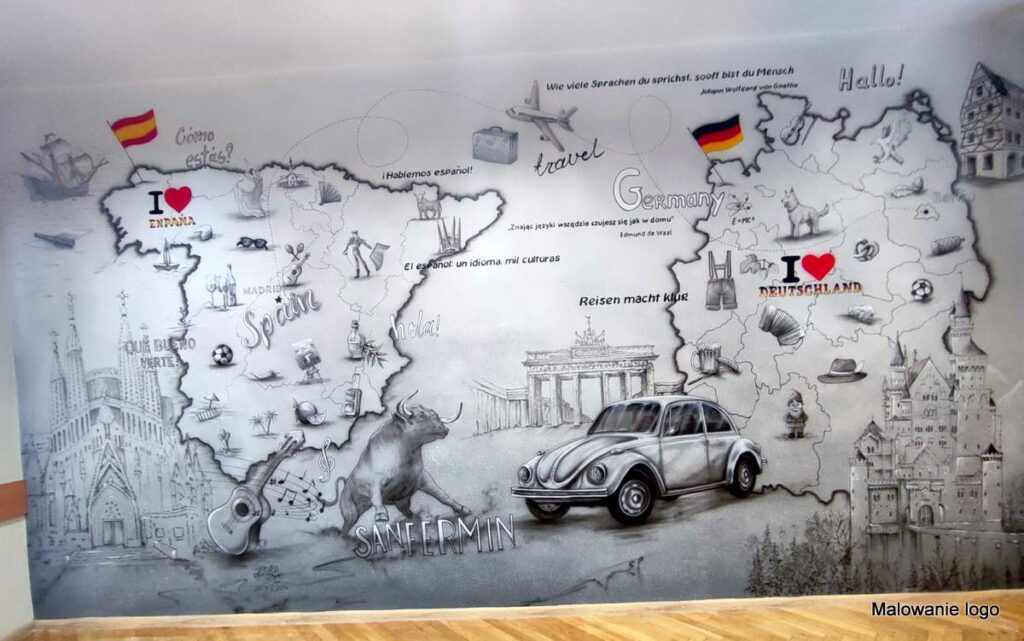Mural namalowany w sali językowej, sala Hiszpańskiego i klasa języka Nienieckiego