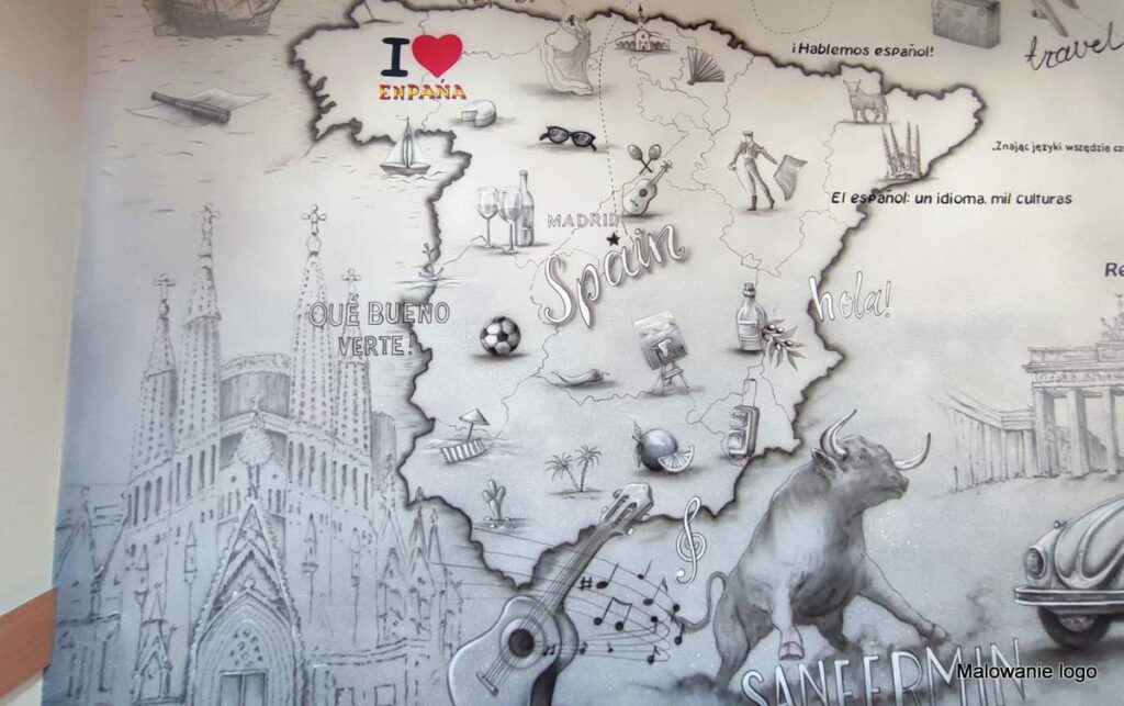 Mural namalowany w sali językowej, sala Hiszpańskiego i klasa języka Nienieckiego