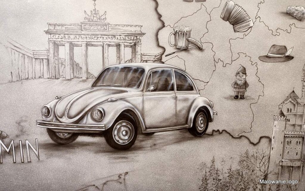 czarno biały Mural o nauce języków namalowany w klasie językowej,