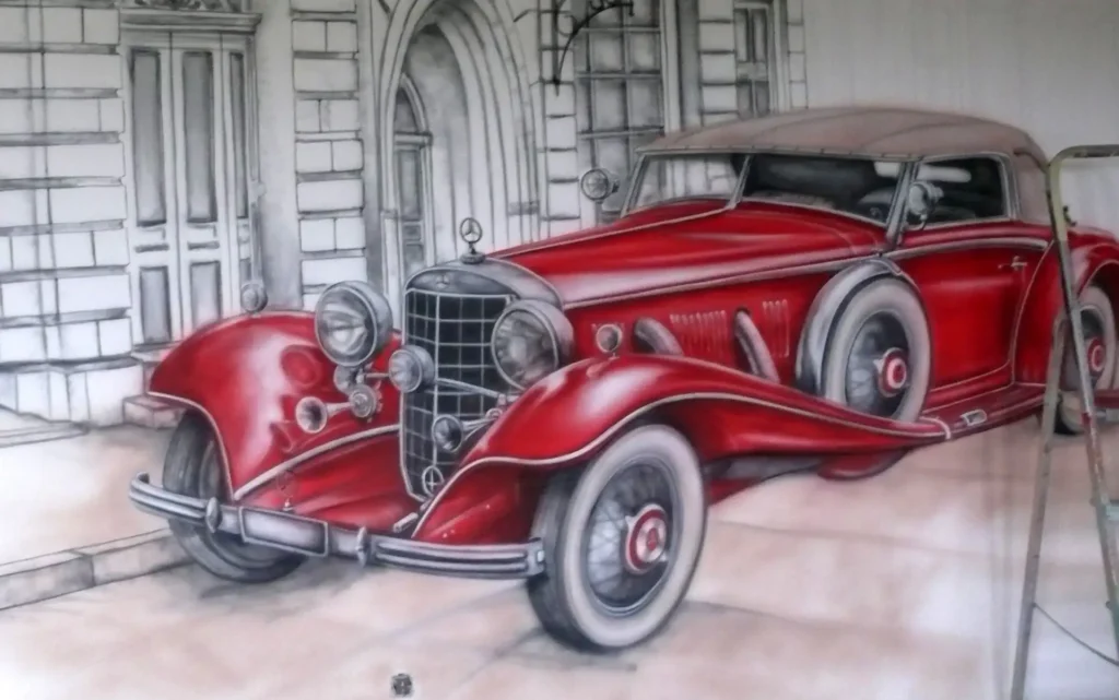 Mural - czerwony samochód retro namalowany na ścianie