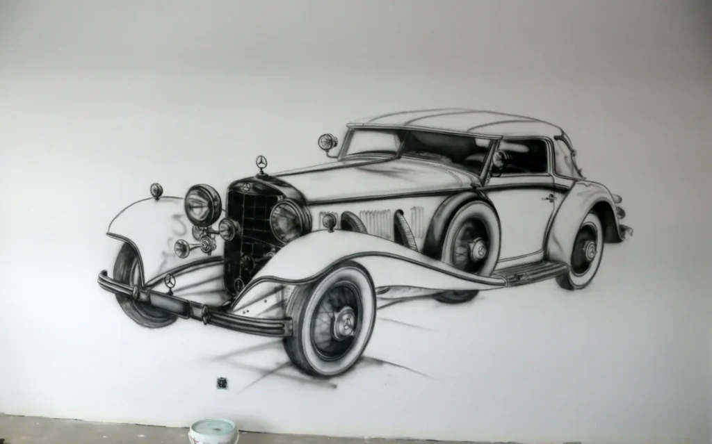 mural motoryzacyjny retro, malowanie samochodów na ścianie
