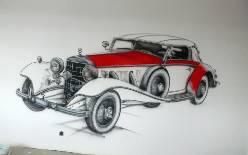 mural motoryzacyjny retro, malowanie samochodów na ścianie