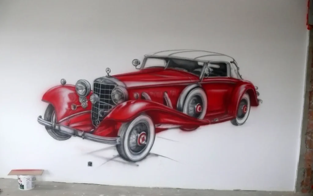 mural motoryzacyjny retro, malowanie samochodów na ścianie
