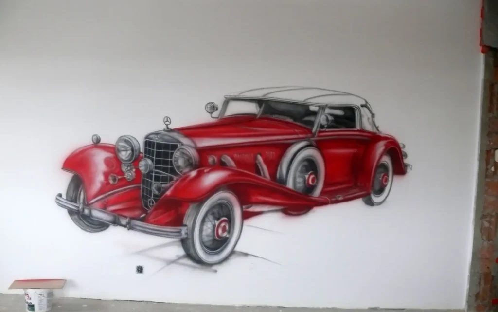 mural motoryzacyjny retro, malowanie samochodów na ścianie