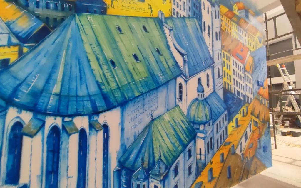 Mural w domu prywatnym, malowanie panoramy miasta Lwów na korytarzu