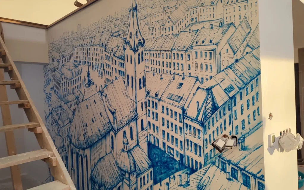 Mural w domu prywatnym, malowanie panoramy miasta Lwów na korytarzu