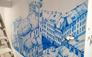 Mural panoram Lwowa w abstrakcyjnej kolorstyce. 