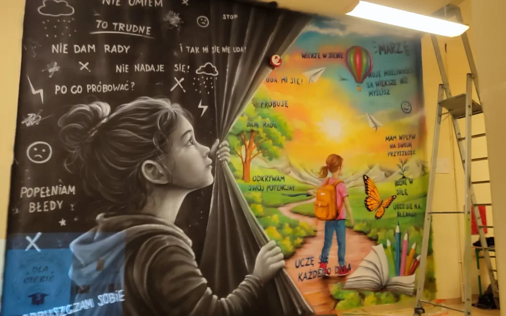 Inspirujący mural z pozytywnym przeslaniem dla młodzieży, uwierz w siebie, mural w szkole