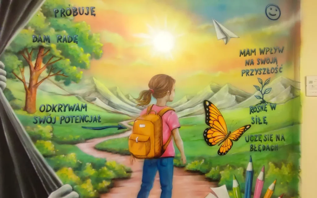 Inspirujący mural z pozytywnym przeslaniem dla młodzieży, uwierz w siebie, mural w szkole