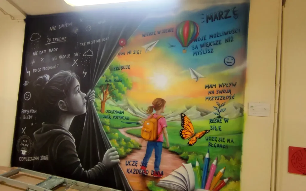 Mural z przesłaniem, pozytywne myślenie i wiara w siebie, przesłanie dla uczniów, mural inspirujący do działania